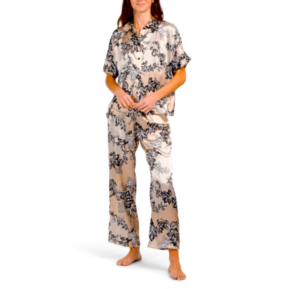 Linea Donatella Satin Floral Pajamas Size Small Black & Tan Floral Botanical NWT